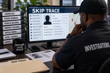 Investigator analyzing data on a computer screen for skip tracing.