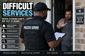 Process server interacting with a man at a door offering difficult services.