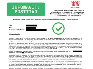 opinión positiva en el cumplimiento de obligaciones patronales ante el INFONAVIT.