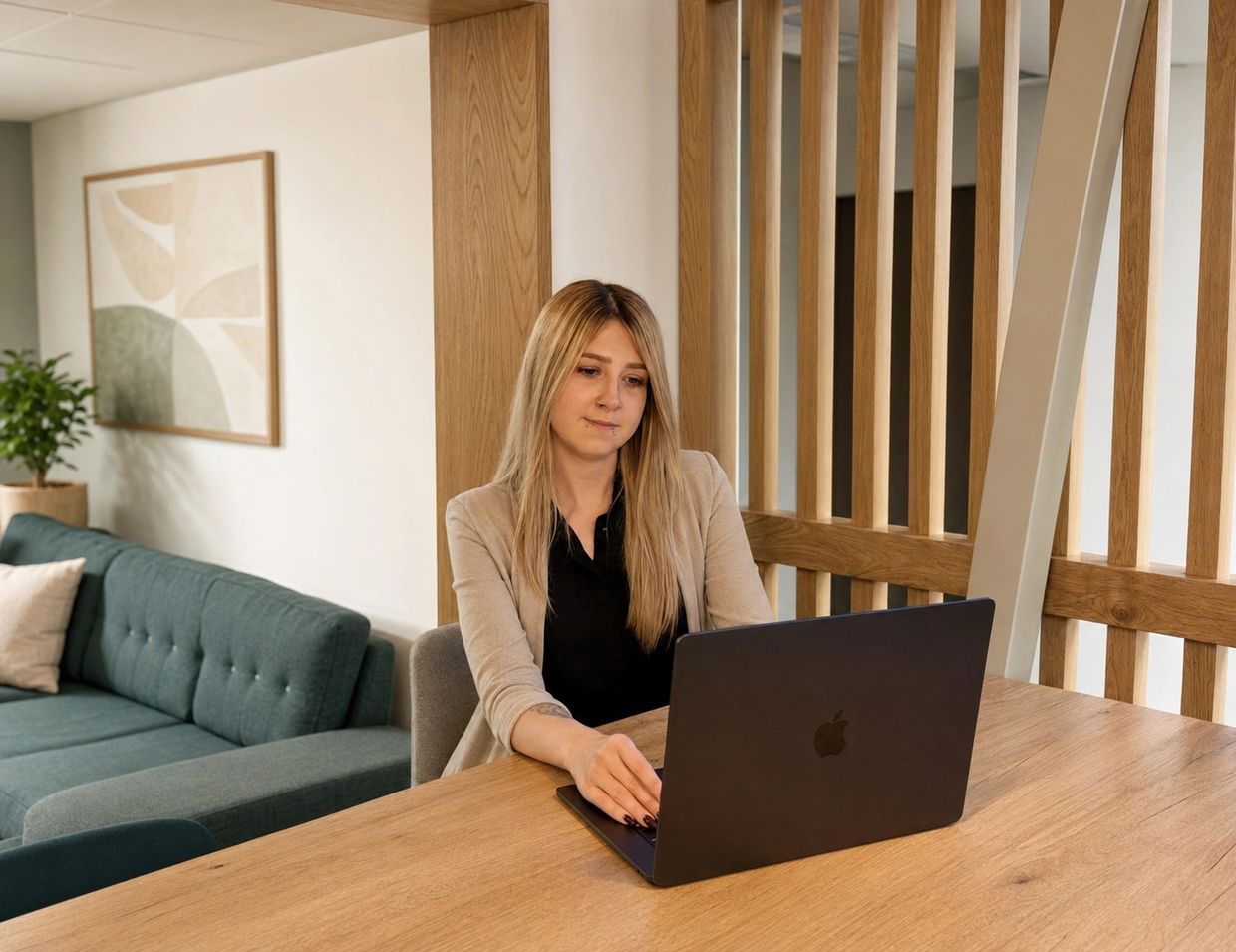 Woman working on a laptop at a wooden table.