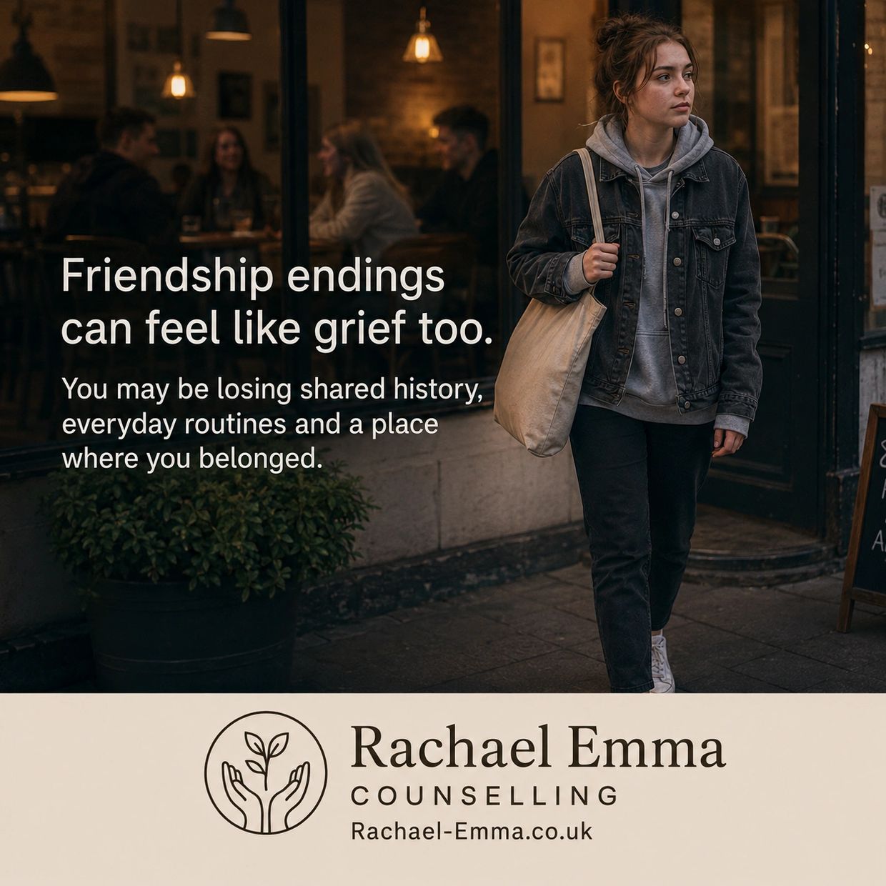 Young woman walking alone, reflecting on friendship endings.