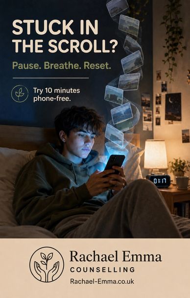 Young person scrolling on phone with counseling ad to take a phone break.