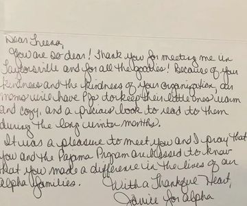 a thank you note received from the Alpha Pregnancy Center in Baltimore, Maryland