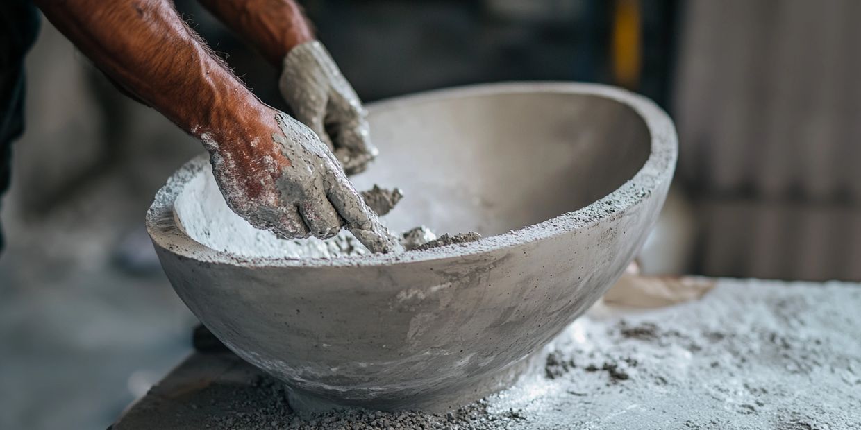 A concrete sink being hand sculpted by Zachary Pascarella, owner of Ora-Collection.