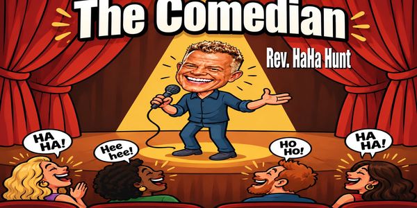 Rev. HaHa Hunt performing comedy on stage before a laughing audience.