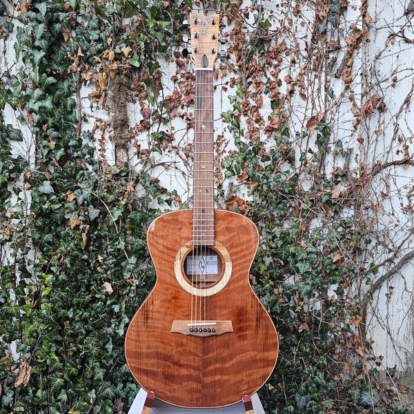A wooden acoustic guitar against a wall covered with green and dry ivy.