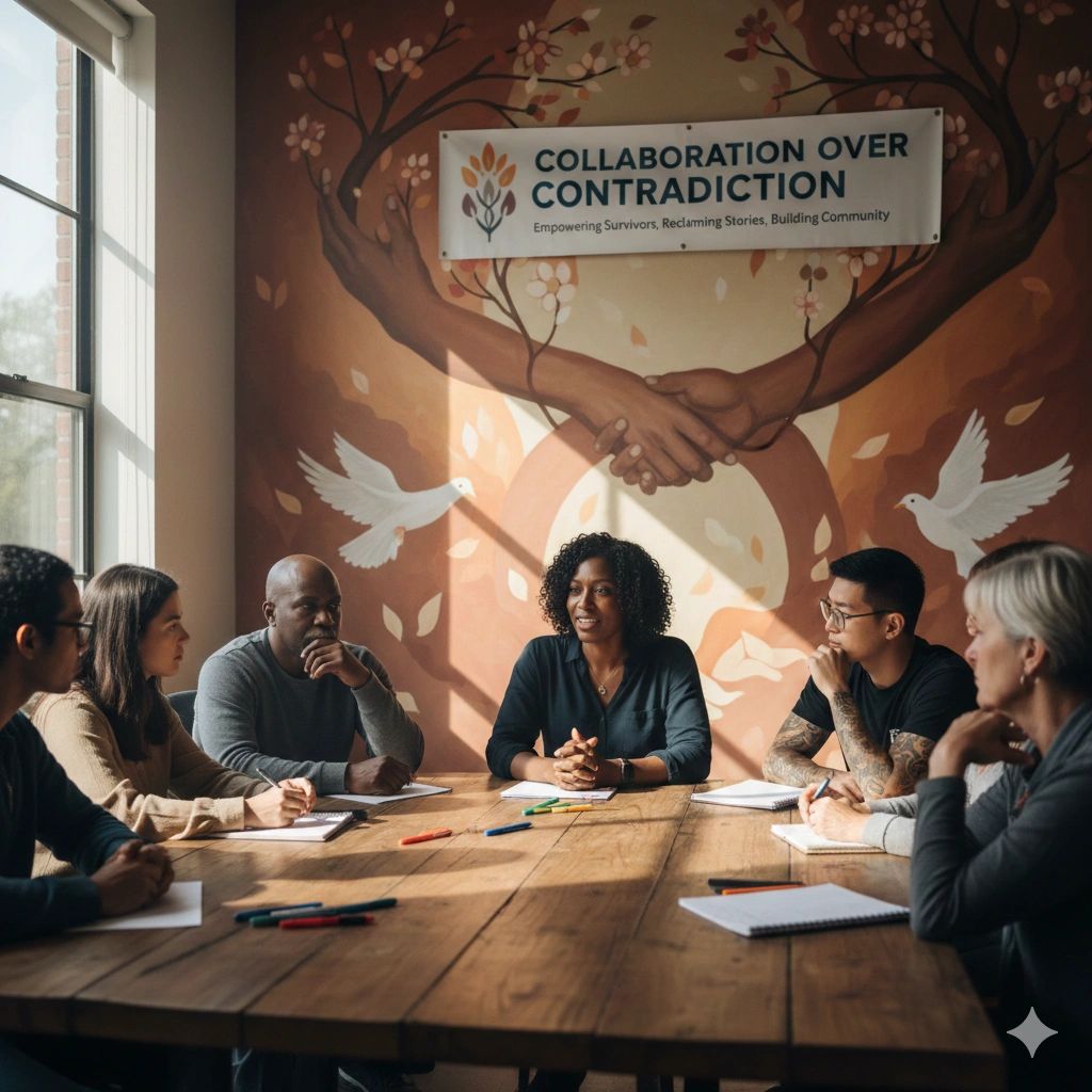 Diverse group in a meeting under a banner promoting collaboration over contradiction.