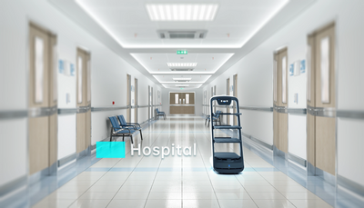 Delivery robot in a hospital hallway