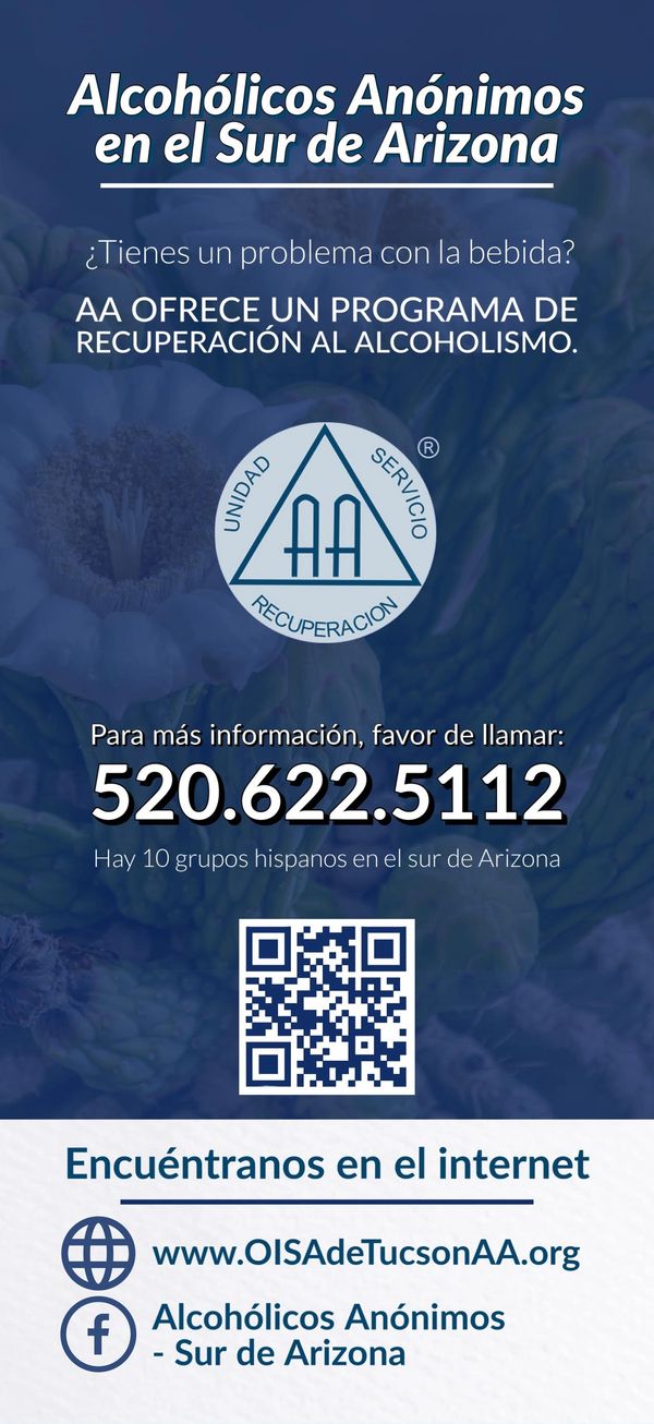 Tarjeta publicitaria o rack card de Alcohólicos Anónimos en el Sur de Arizona. Información Pública.
