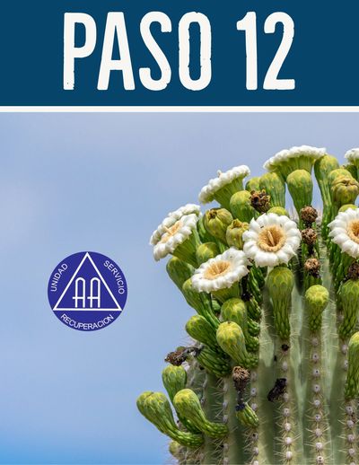 Cactus Saguaro con el logotipo de AA junto con el encabezado "Paso 12" y un fondo de nubes.