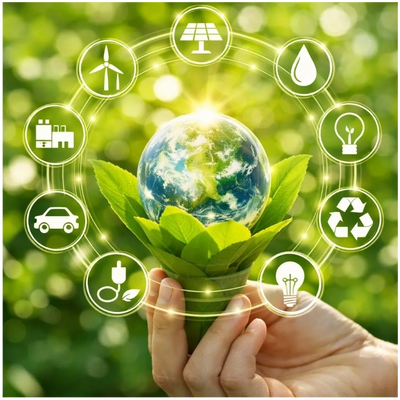 Hands holding a globe with green leaves and eco-friendly energy icons.