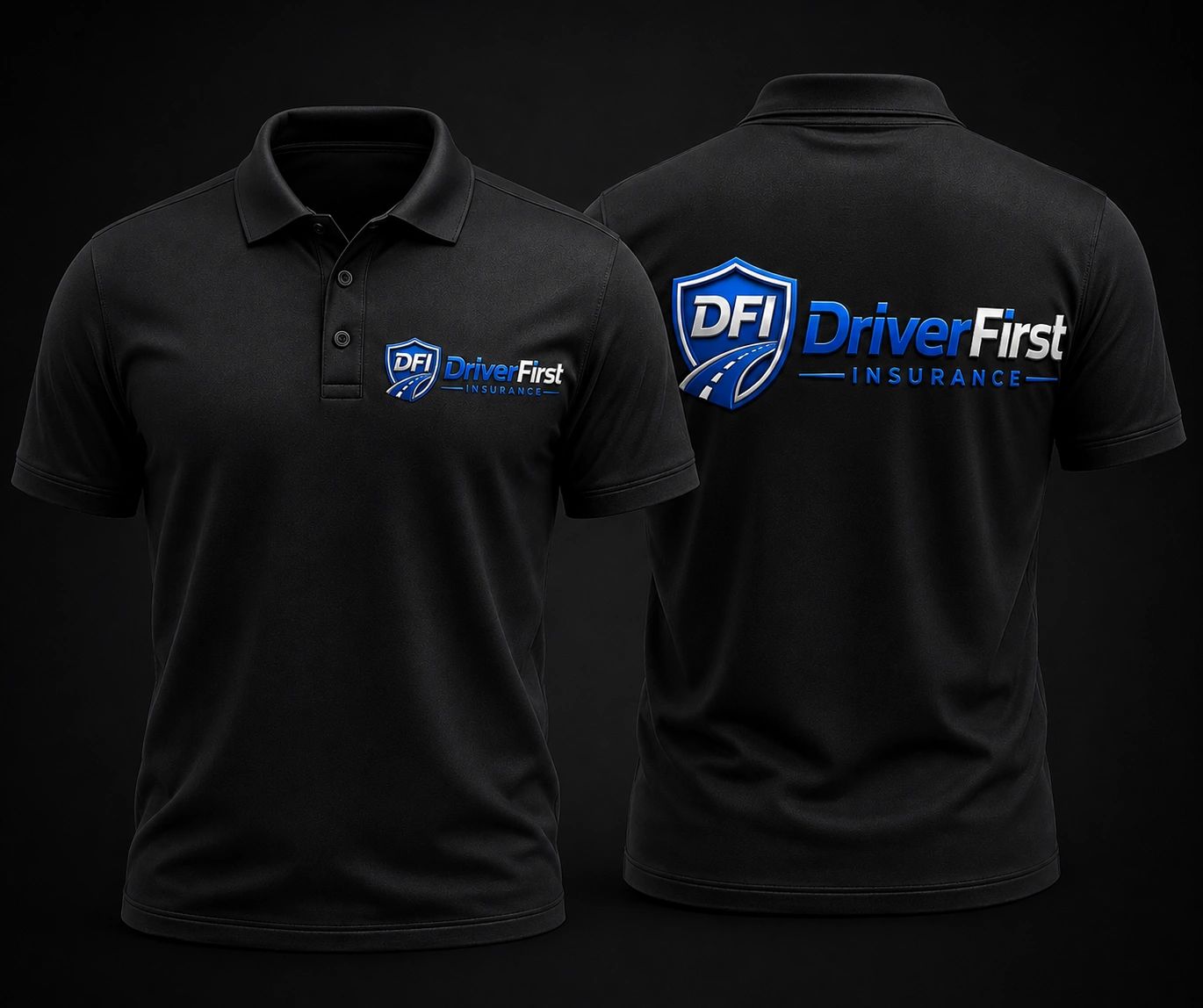 Black polo shirts with blue and white DriverFirst Insurance logos on front and back.