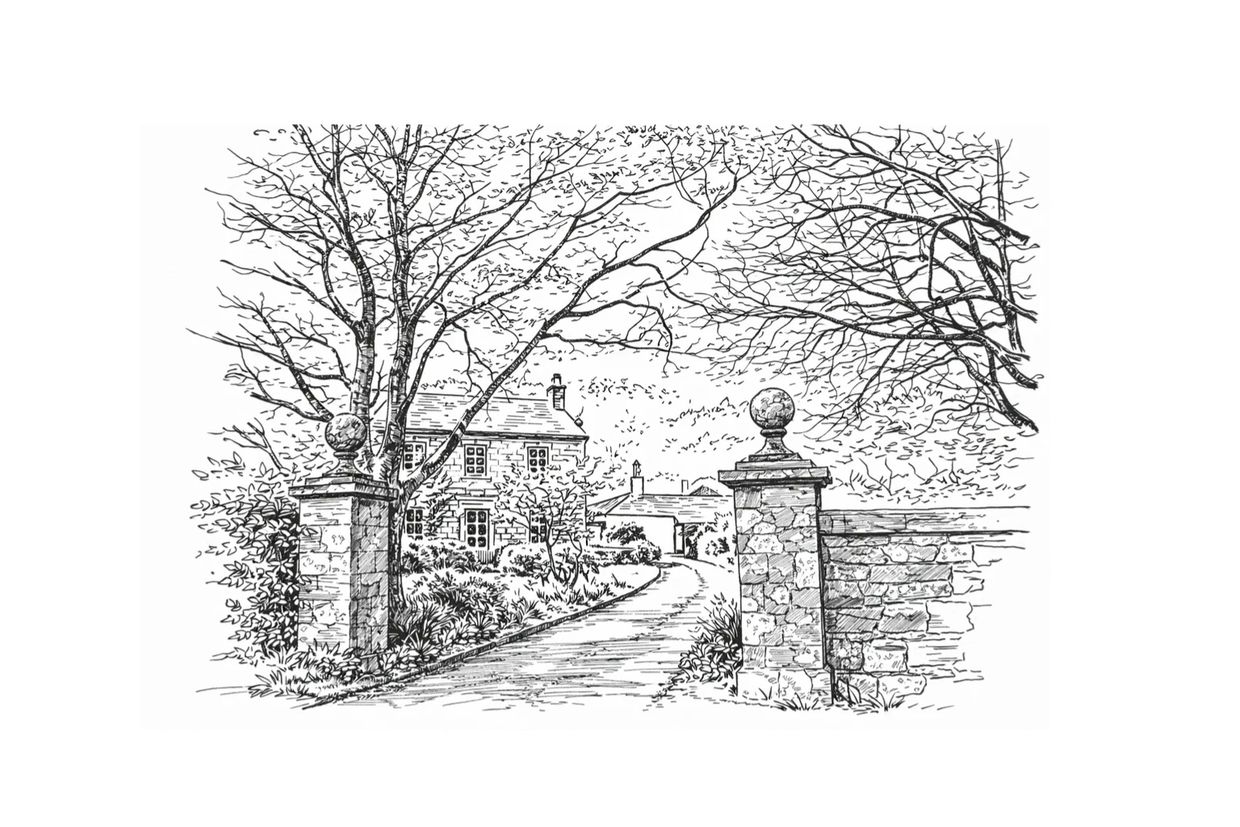 A detailed pen-and-ink sketch of a countryside house with stone pillars and bare trees.