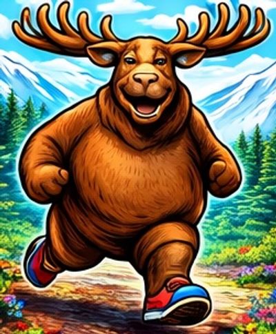 A joyful moose in sneakers running outdoors.