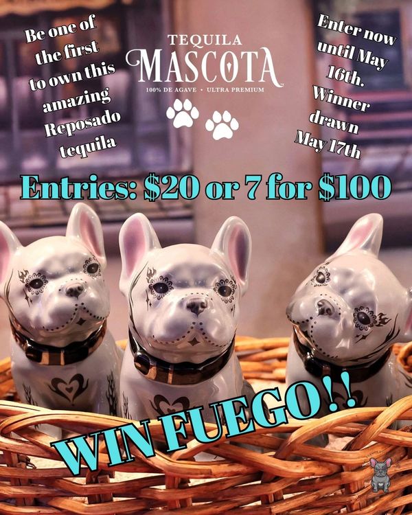 Ceramic dog bottles in a basket promoting a tequila contest with prize details.