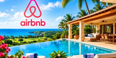 Luxury villa with pool and ocean view, Airbnb logo included.