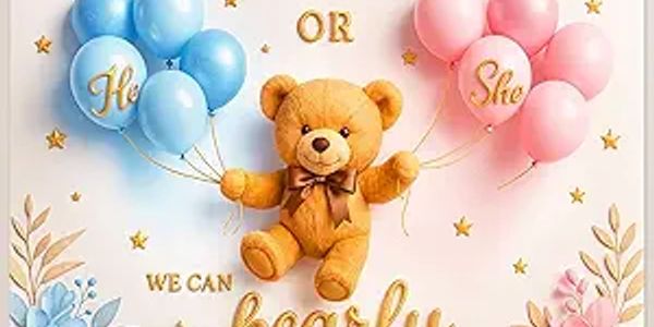 Teddy bear holding blue and pink balloons for gender reveal.