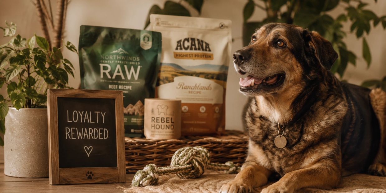 A happy dog lies next to pet food and a sign that says 'Loyalty Rewarded'.