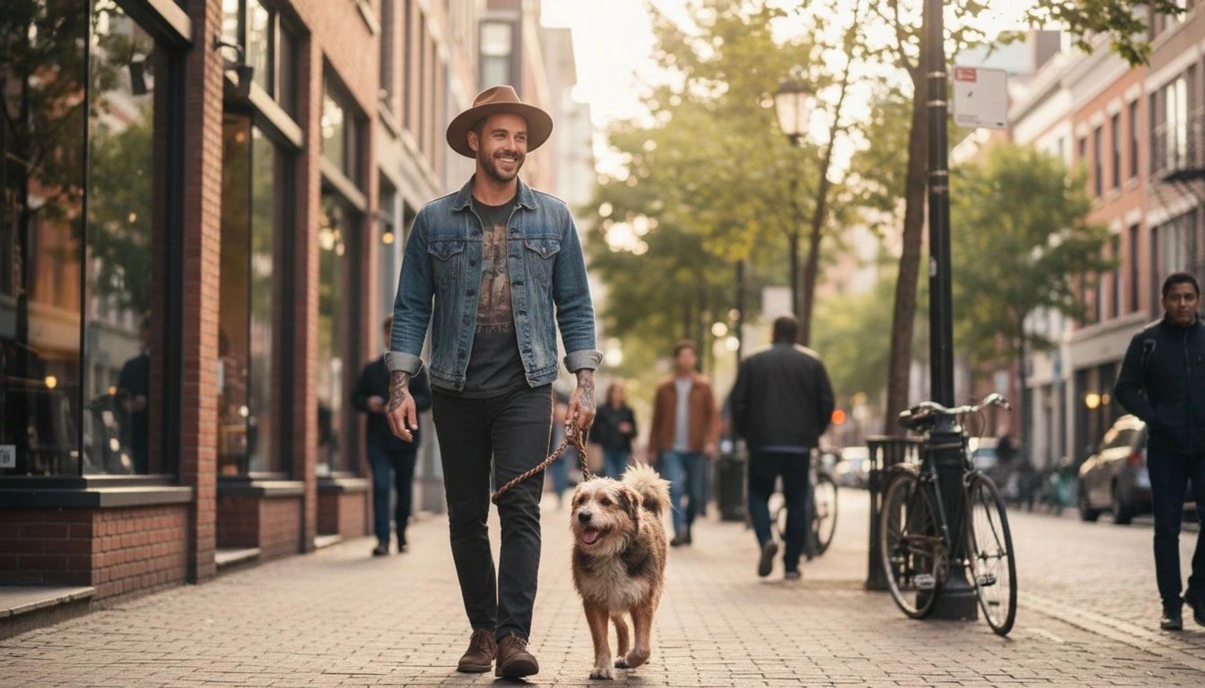 A man in a denim jacket and hat walking a dog on a city street.