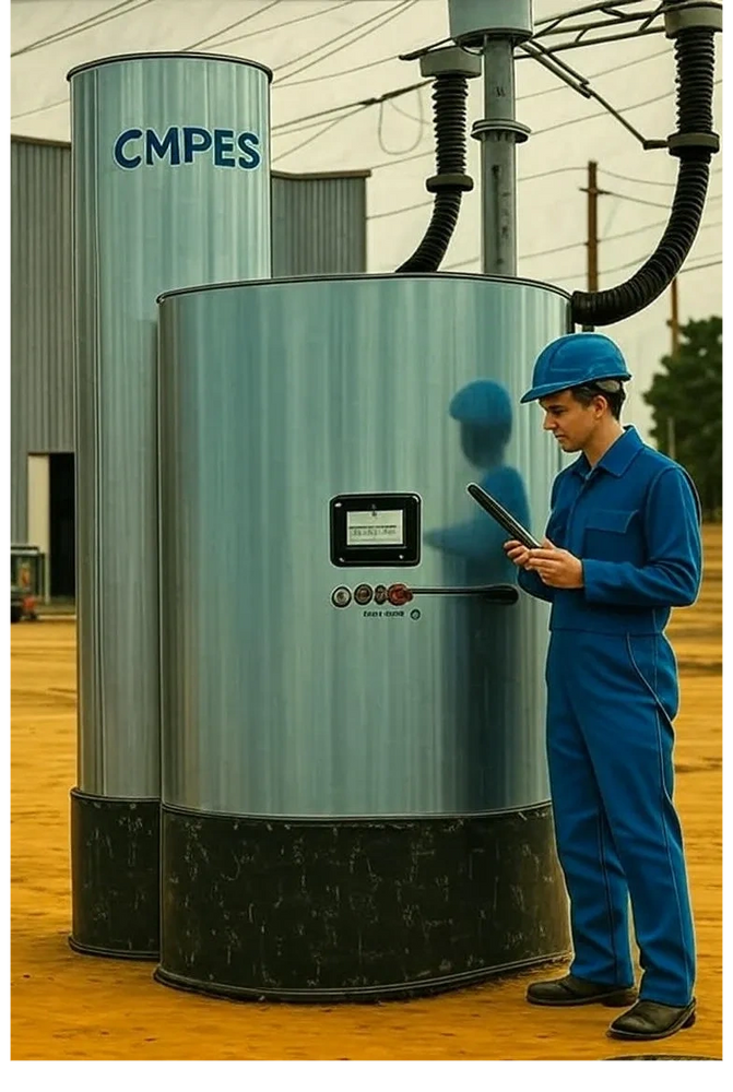 Technician in blue uniform inspecting large industrial equipment outdoors.