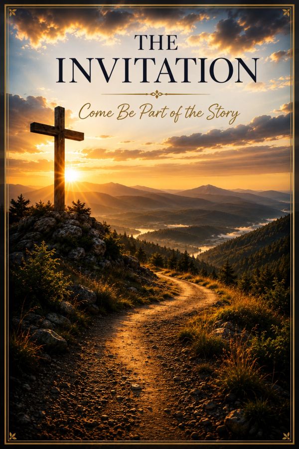 Sunset over a mountainous path with a cross, inviting participation.