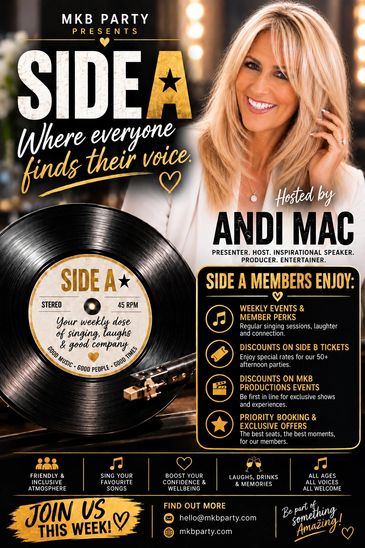 Flyer for Side A podcast with Andi Mac, highlighting community and exclusive benefits.