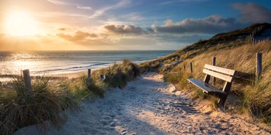 Bench, ocean views, on beach, casting shadows, sunset, sunrise, beach bath, dunes, empty, alone