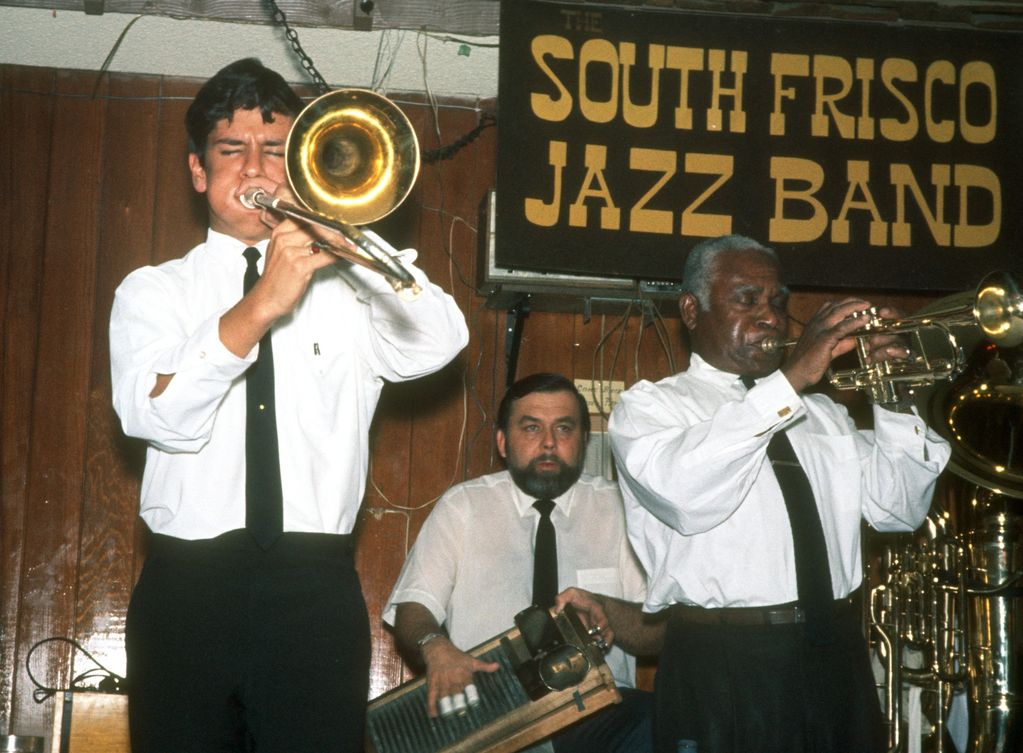 Dan; Andy Blakeney, trumpet; Bob Raggio, washboard with the South 'Frisco Jazz Band, c. 1971