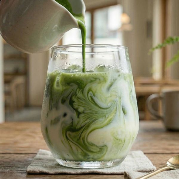 Green matcha latte being poured into a glass with milk swirls.