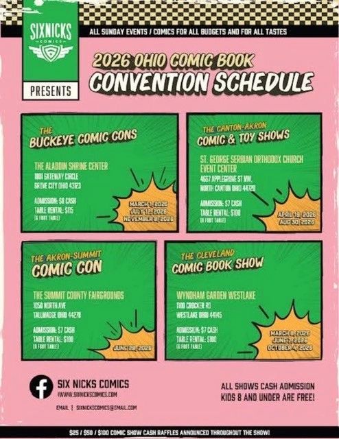 2026 Ohio comic book convention schedule with dates and locations.