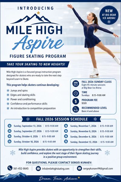 Mile High Aspire figure skating program flyer with schedule for Fall 2026.