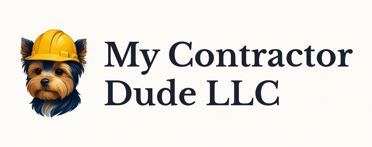 Logo of My Contractor Dude LLC with a dog wearing a yellow construction helmet.