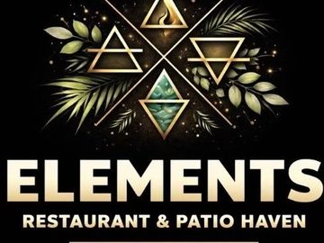 Logo for Elements Restaurant & Patio Haven with elemental symbols and decorative leaves.