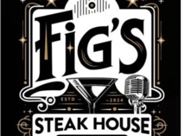 Logo for Fig's Steak House with vintage microphone and martini glass.