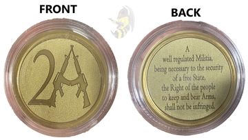 Big Bee Bee LLC created 40mm brass coin, laser engraved, raw background, 2A design