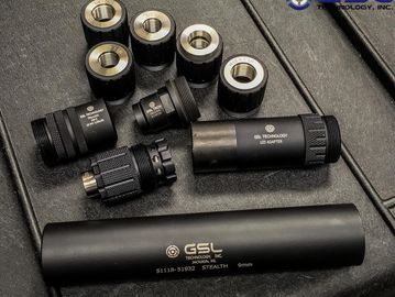 GSL Technology Stealth 9mm suppressor pictured with all available mounts.