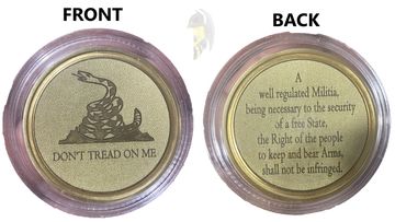 Big Bee Bee LLC created 40mm brass coin, laser engraved, raw background, Gadsden Snake design