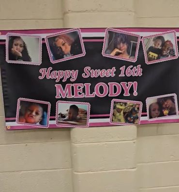 Banner celebrating Melody's 16th birthday with photos and pink decorations.