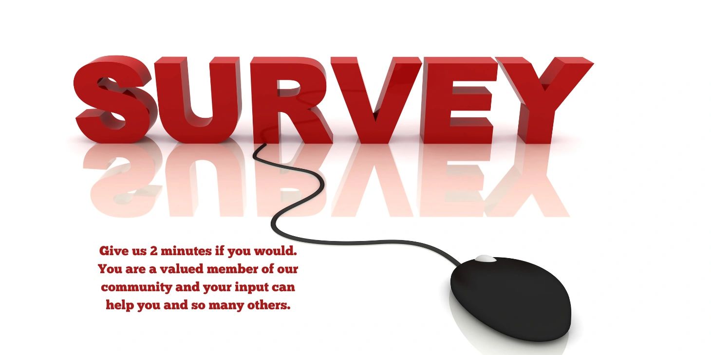 Red 3D text 'SURVEY' connected to a computer mouse with a message asking for 2 minutes to help the community.