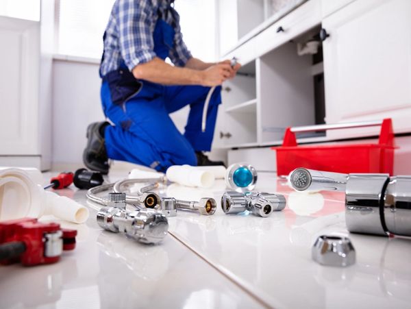 Installer Tools and equipment on the floor in the kitchen with plumber