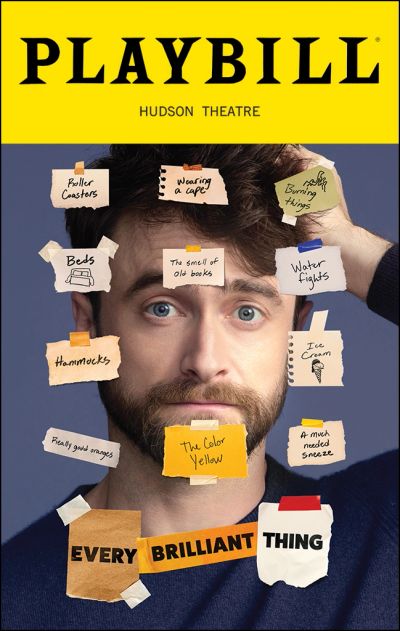Playbill cover featuring a man with sticky notes listing various phrases.