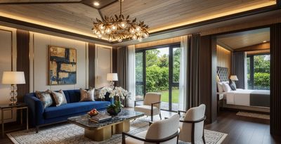 Luxurious living room with blue sofa and elegant chandelier.