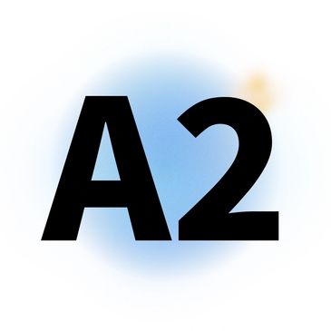 Logo with bold black 'A2' on a soft blue and orange blurred background.