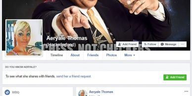Screenshot of a Facebook profile for Aeryale Thomas with profile and cover photos.
