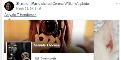Facebook post showing a shared photo with a profile named Aeryale Thomas.