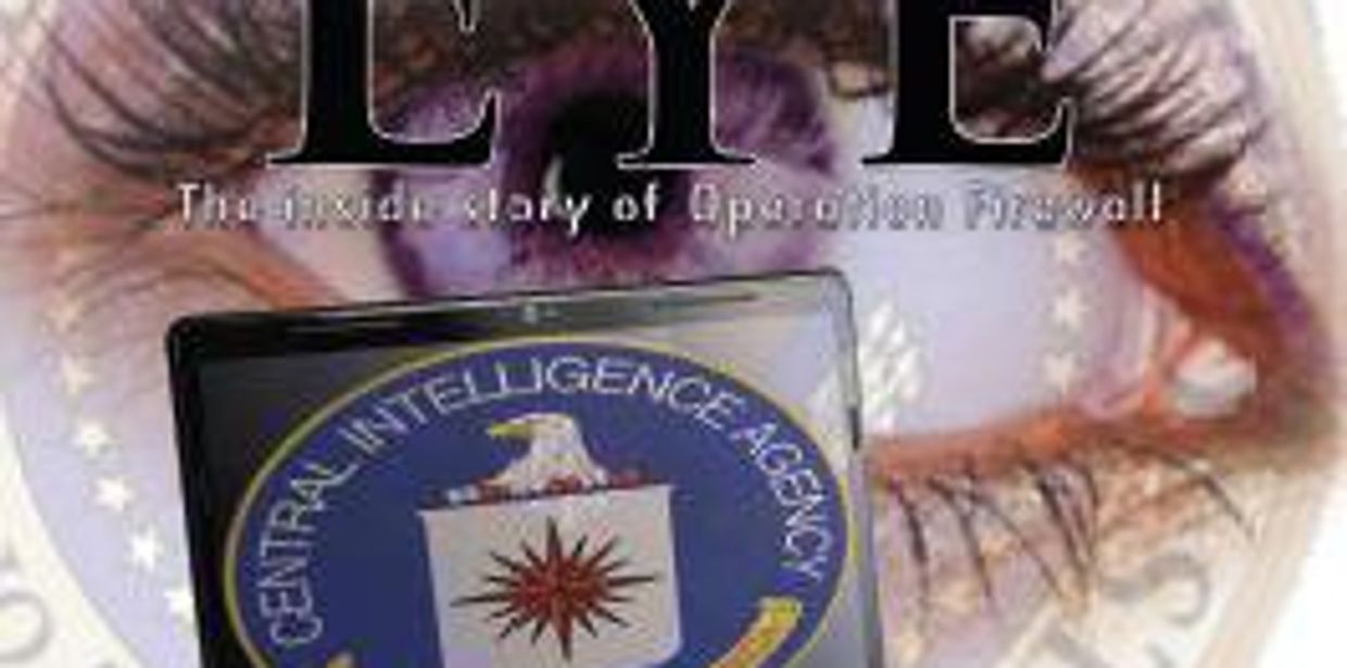 Close-up of an eye with CIA emblem and text about Operation Roswell.
