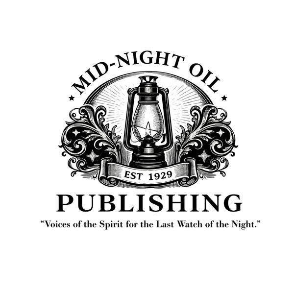 Vintage logo for Mid-Night Oil Publishing featuring a lantern and decorative flourishes.