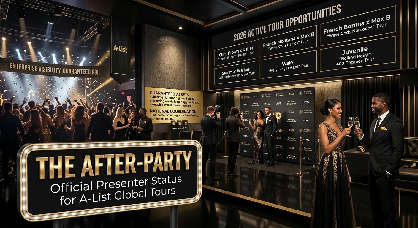 Elegant after-party celebrating official presenter status for A-List global tours.