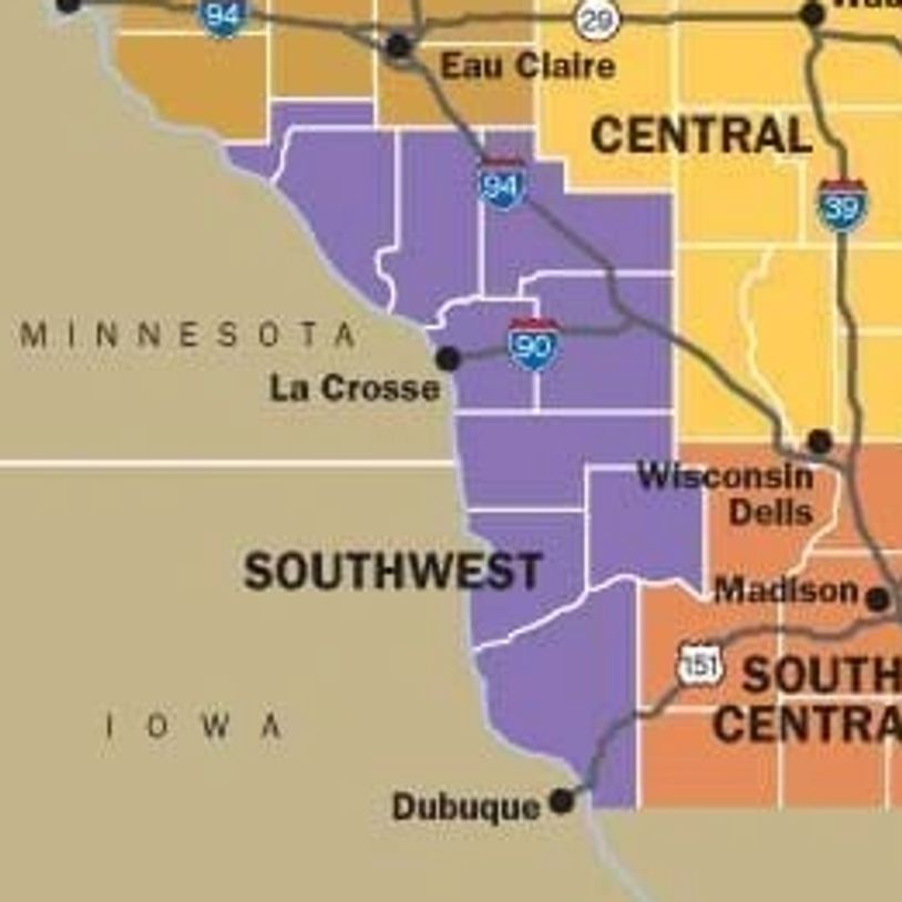 Map of Wisconsin showing six regions with major cities and highways.