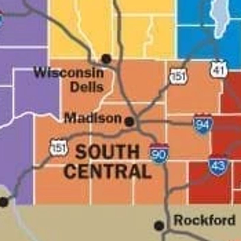 Map of Wisconsin showing six regions with major cities and highways.